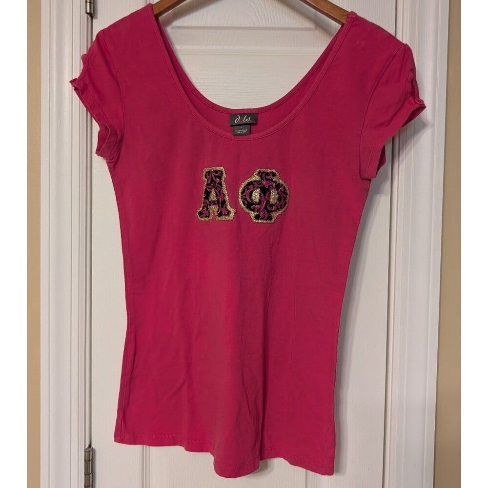 Y2K Dots Hot Pink Alpha Phi Greek Letter Top Gold Glitter Patch Scoop Neck